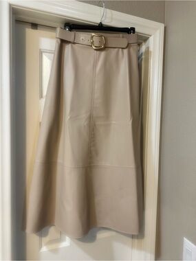 Zara Beige A-Line Vegan Leather Skirt with Gold Buckle Belt